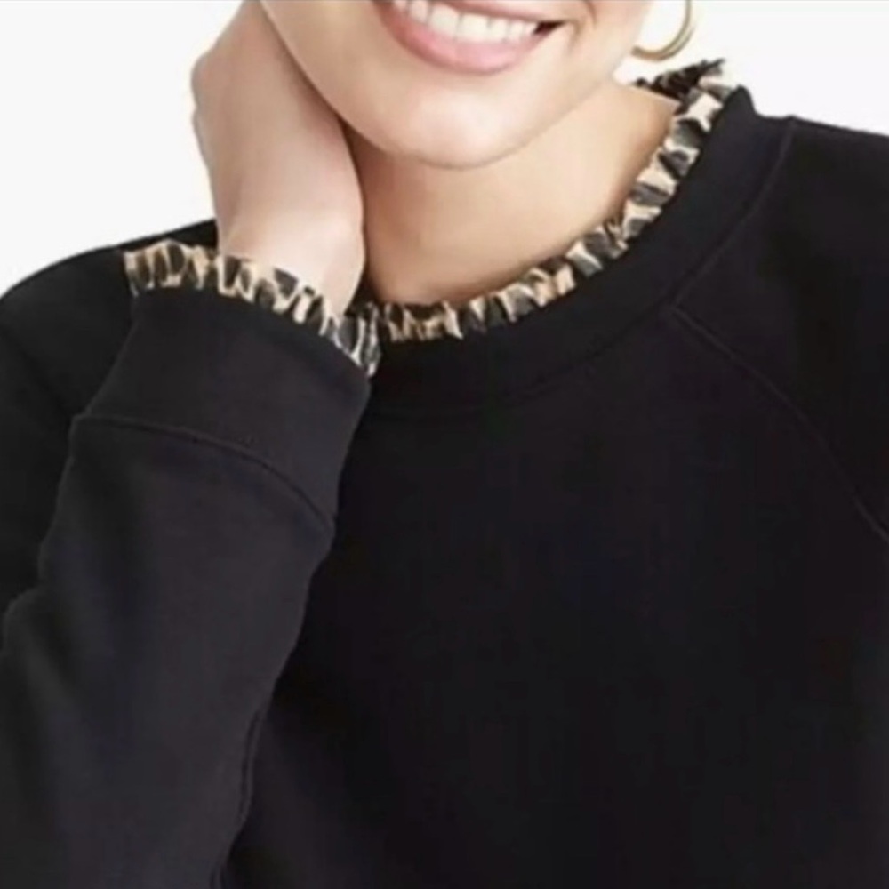 J. Crew Black Crew Neck Sweater with Animal Print Ruffle accents Size M